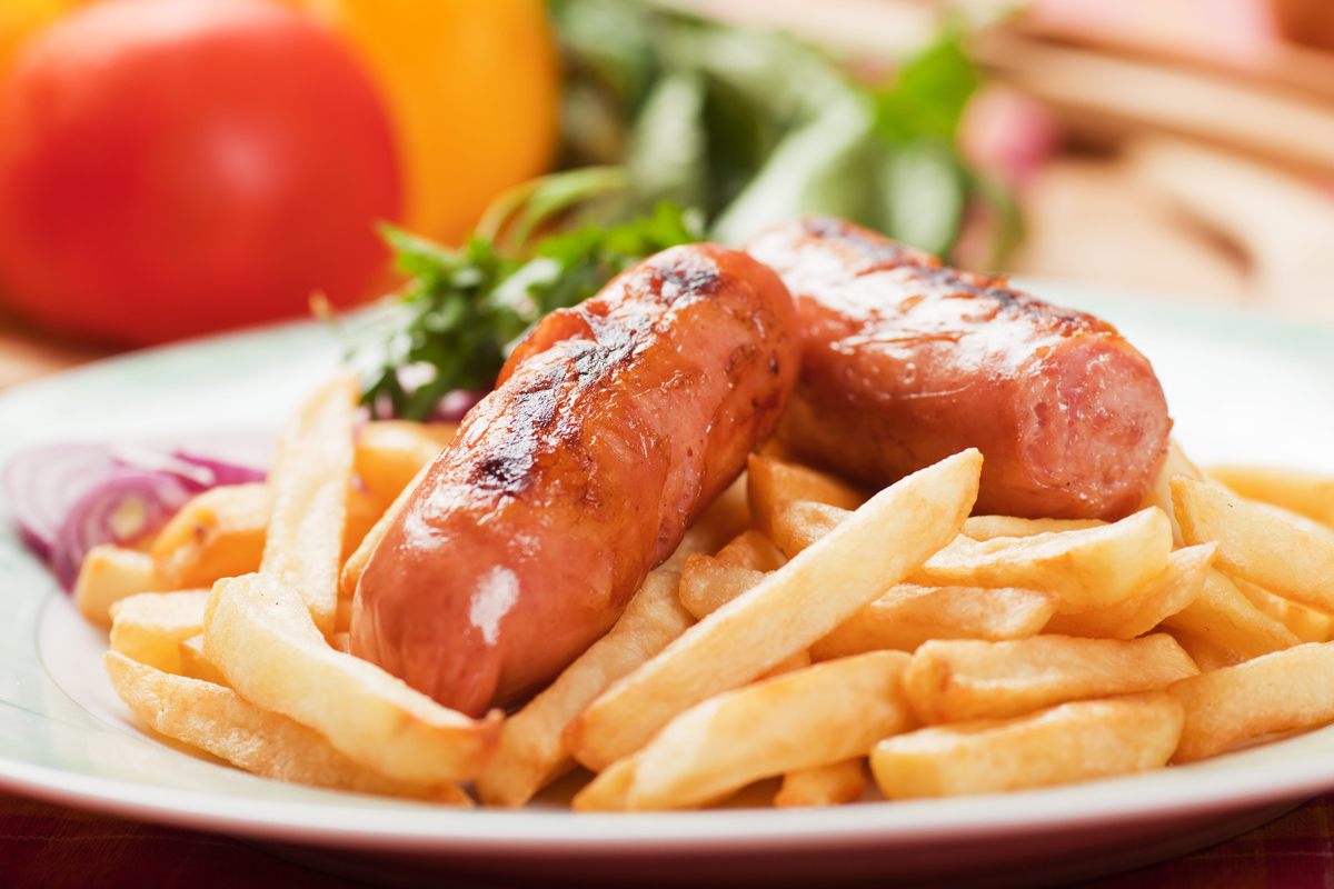 Fried meat sausage with homemade french fries